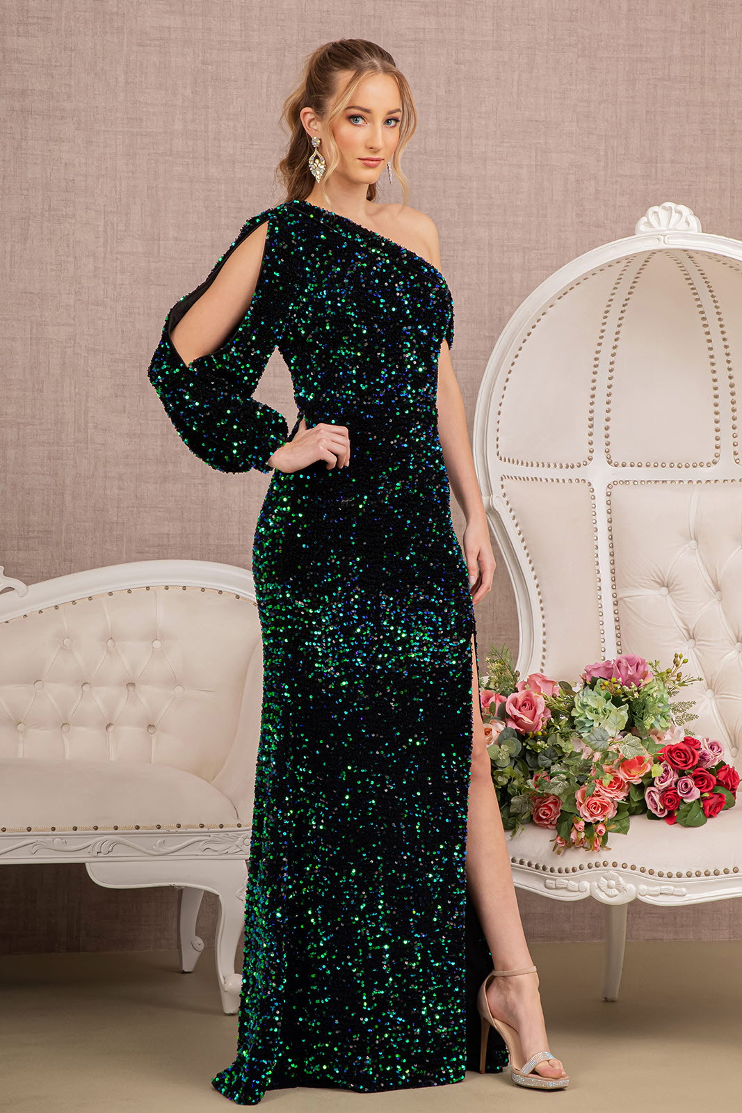 Sequin Asymmetric Velvet Mermaid Dress w/ One Long Puff Sleeve-2