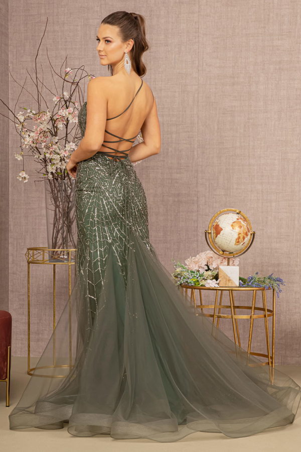 Asymmetric Glitter Mesh Mermaid Dress w/ Mesh Layered Tail-2