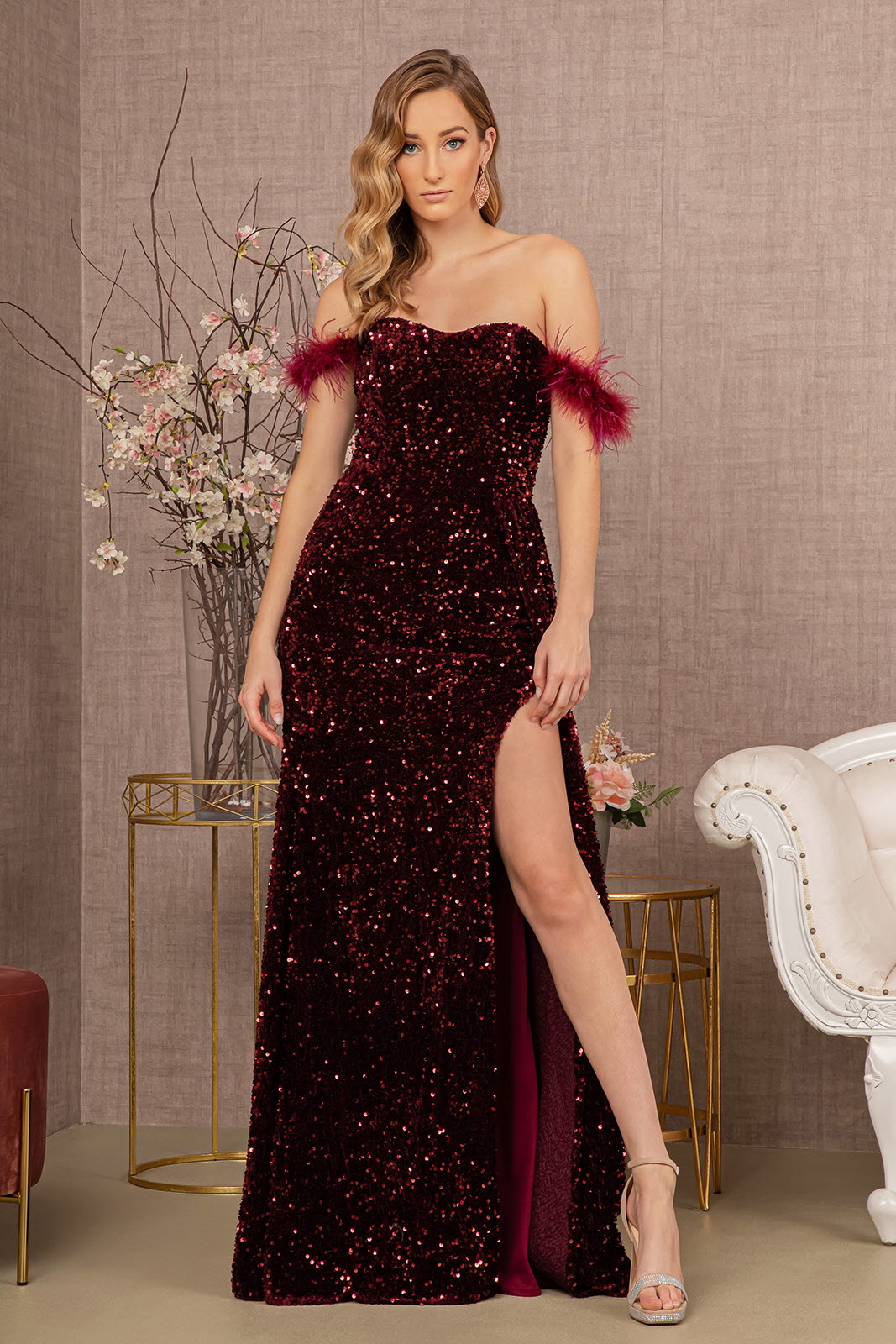 Feather Sequin Velvet Mermaid Dress w/ Velvet Side Waist Layer-2