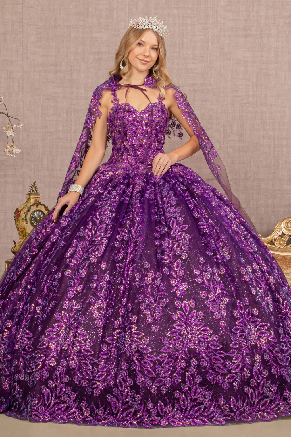 3-D Flower Sweetheart Glitter Mesh Ball Gown w/ Long Mesh Cape-0