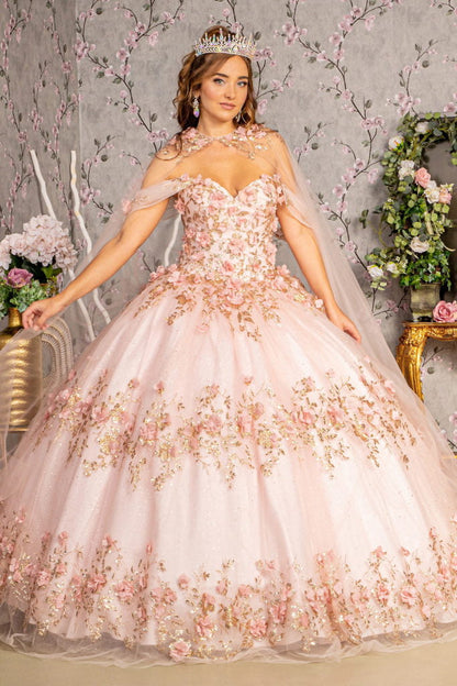 Glitter 3-D Flower Applique Mesh Quinceanera Gown w/ Long Mesh Cape-0