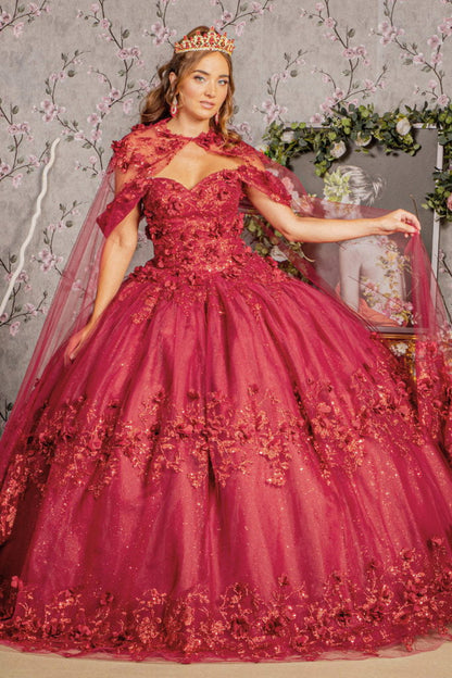 Glitter 3-D Flower Applique Mesh Quinceanera Gown w/ Long Mesh Cape-3