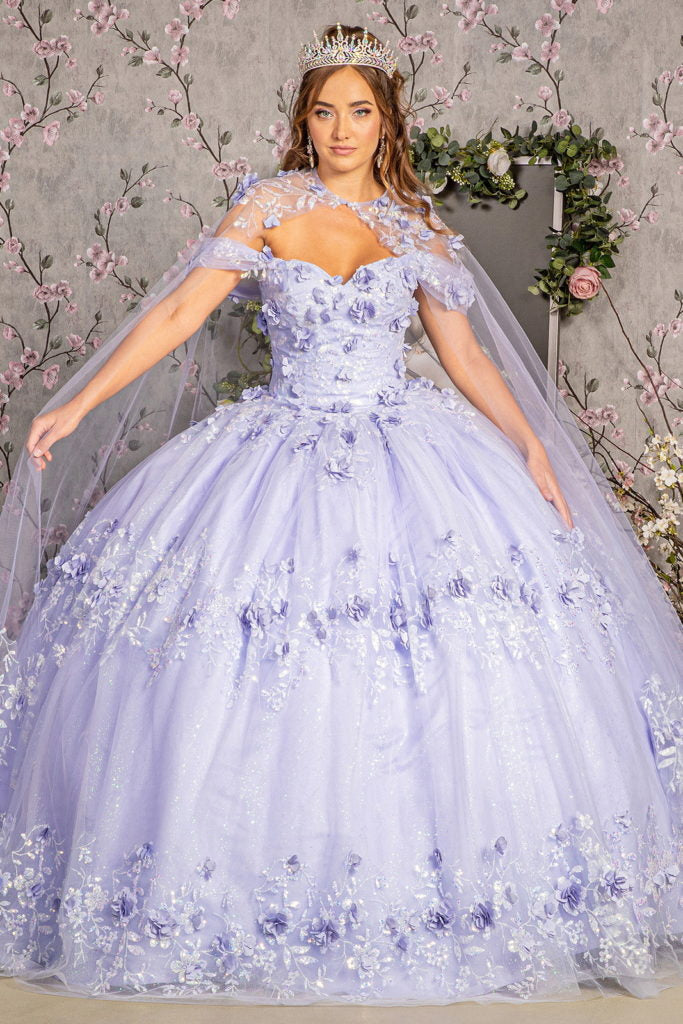 Glitter 3-D Flower Applique Mesh Quinceanera Gown w/ Long Mesh Cape-5