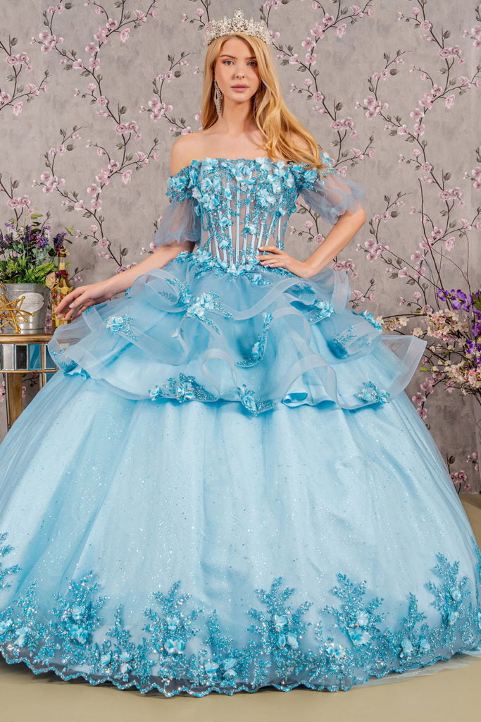 3-D Flower Applique Sheer Bodice Quinceanera Gown w/ Ruffle Skirt-1