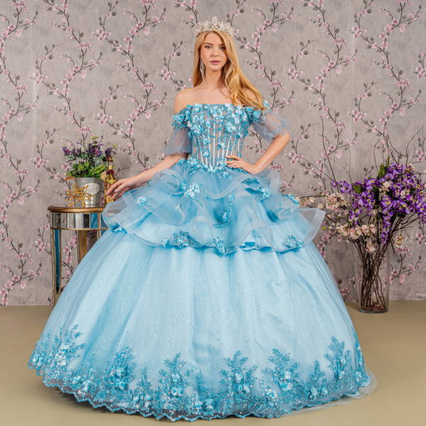 3-D Flower Applique Sheer Bodice Quinceanera Gown w/ Ruffle Skirt-2