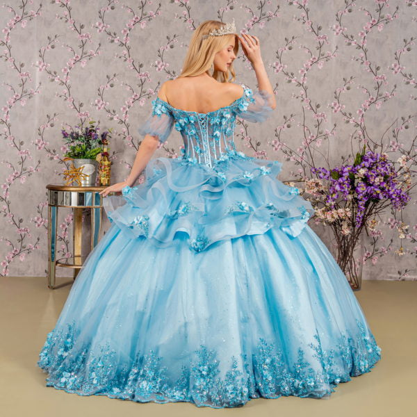 3-D Flower Applique Sheer Bodice Quinceanera Gown w/ Ruffle Skirt-3