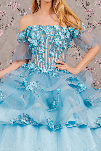 3-D Flower Applique Sheer Bodice Quinceanera Gown w/ Ruffle Skirt-4