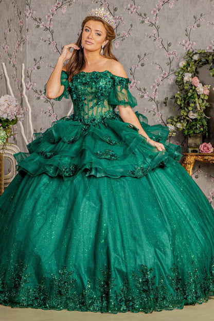 3-D Flower Applique Sheer Bodice Quinceanera Gown w/ Ruffle Skirt-5