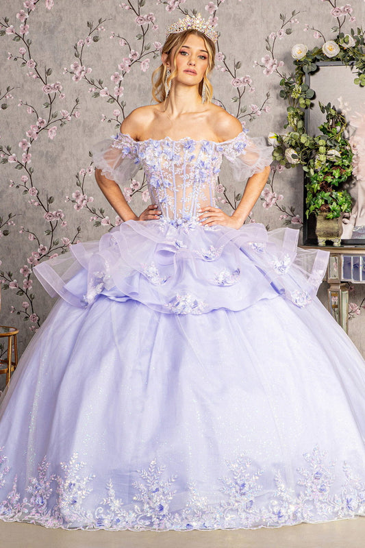 3-D Flower Applique Sheer Bodice Quinceanera Gown w/ Ruffle Skirt-0