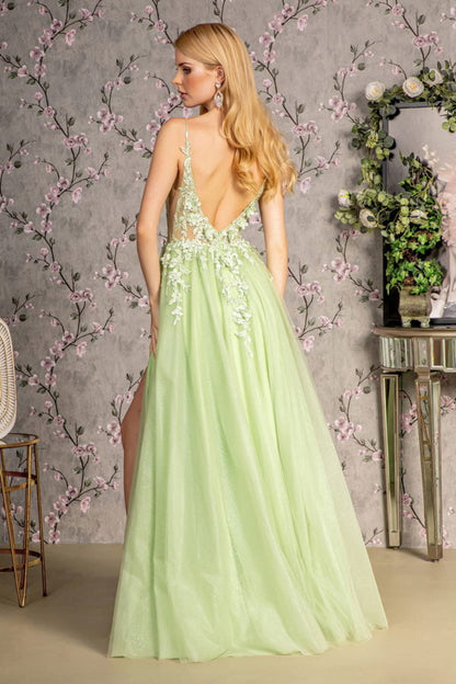 3-D Flower Glitter Sheer Bodice Mesh A-line Long Dress w/ Side Slit-1