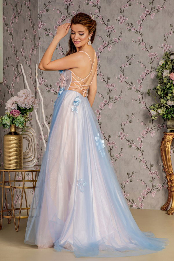 3-D Flower Sheer Bodice Cut-out Back Mesh A-line Long Dress-1