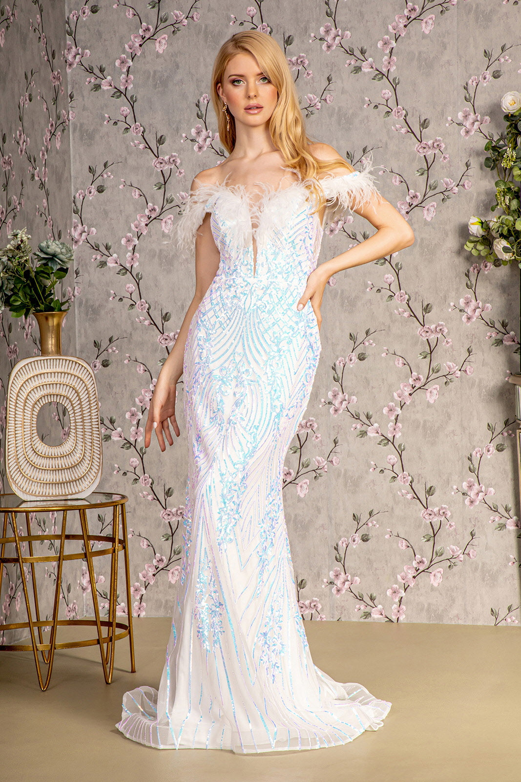 Feather Sequin Illusion Sweetheart Mesh Mermaid Long Dress-0