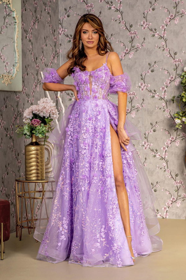 3-D Flower Puff Sleeves Mesh A-line Long Dress w/ Detachable Waist Drape-0