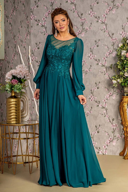 Floral Embroidery Sheer Boat Neckline Chiffon A-line Long Dress-4