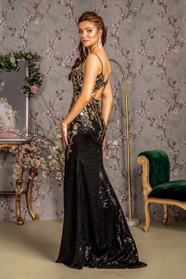 Metallic Sequin Glitter Mesh Mermaid Long Dress w/ Side Slit-1