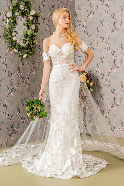 Floral Embroidery Mesh Mermaid Wedding Gown w/ Long Back Drape-0