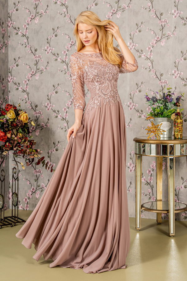 Metallic Sequin Sheer Neckline Chiffon A-line Long Dress-1