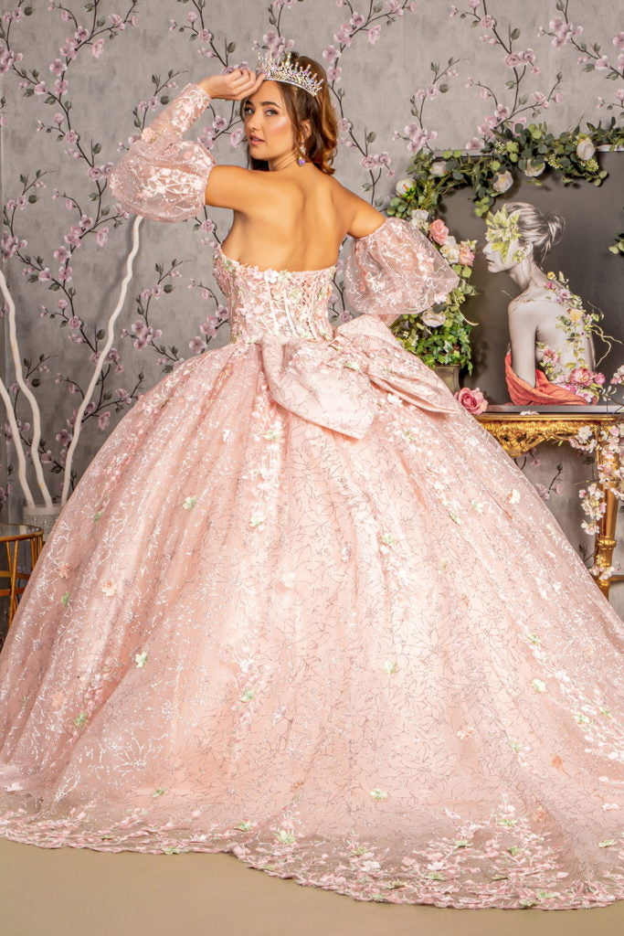 Detachable Big Ribbon Glitter Mesh Ball Gown w/ Long Puff Sleeves-1