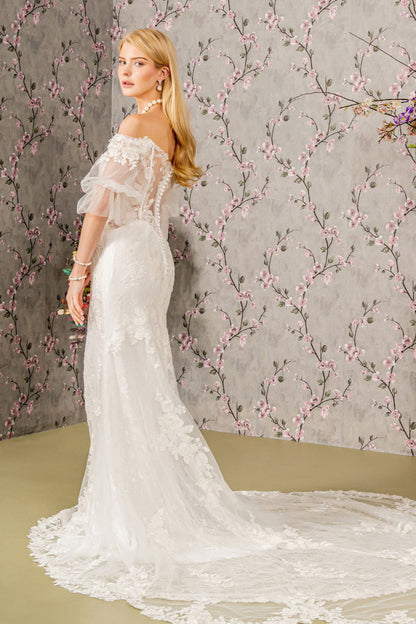 Floral Embroidery Bead Sheer Sleeves Mesh Mermaid Wedding Gown-1