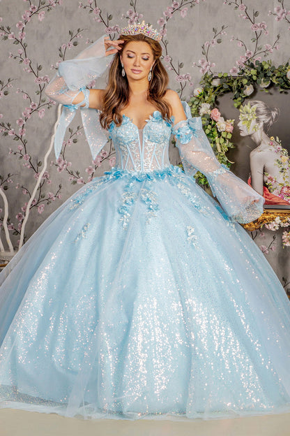 3-D Flower Jewel Sheer Bodice Mesh Ball Gown w/ Long Sleeves-6