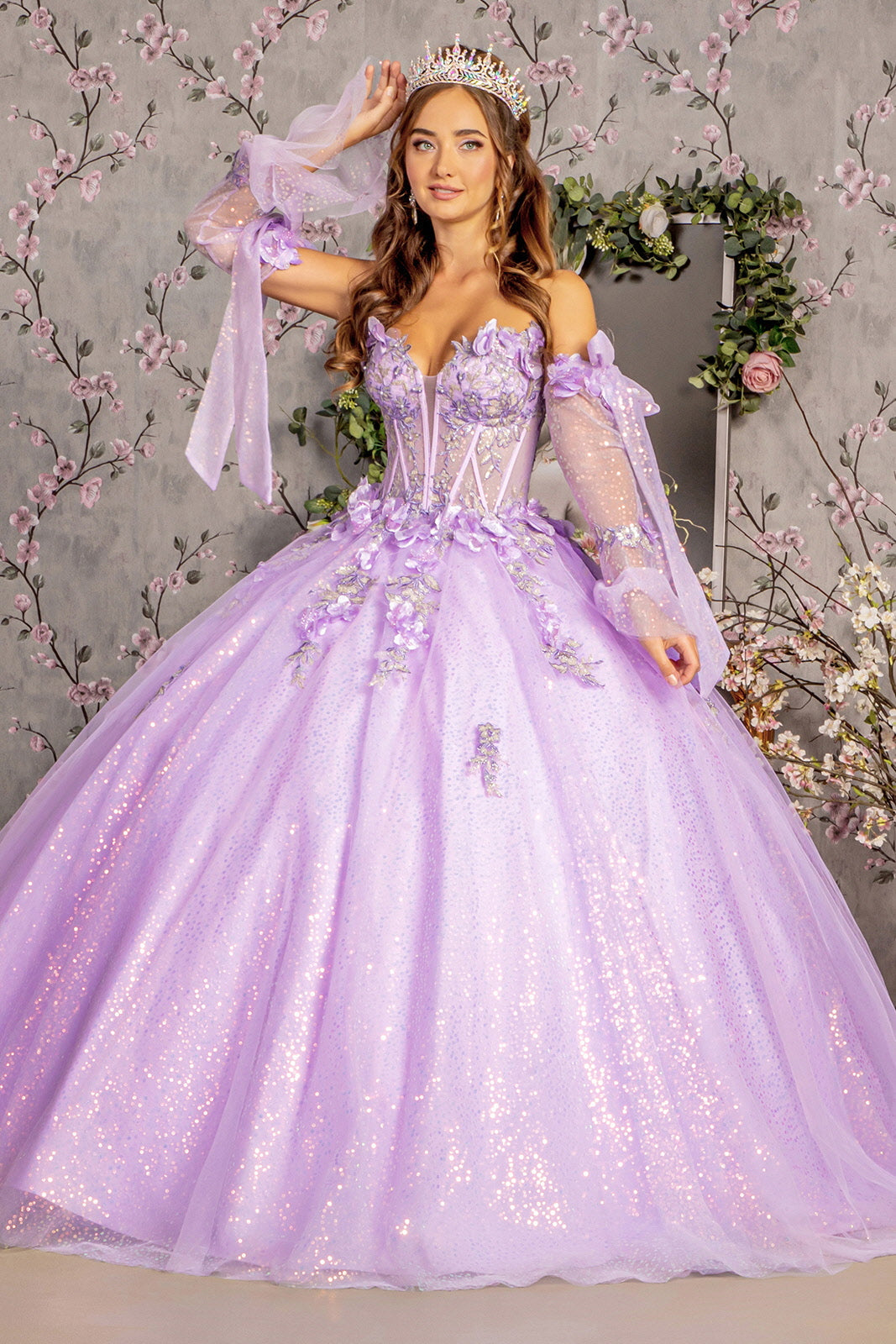 3-D Flower Jewel Sheer Bodice Mesh Ball Gown w/ Long Sleeves-7