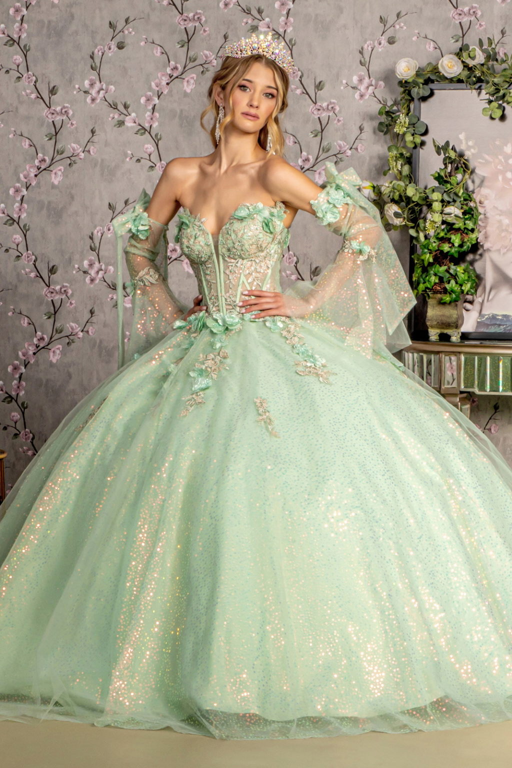 3-D Flower Jewel Sheer Bodice Mesh Ball Gown w/ Long Sleeves-0