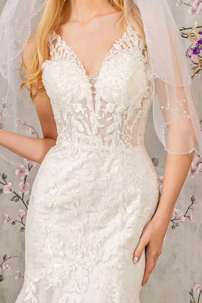 Embroidery Bead Button Back Mesh Mermaid Wedding Gown-2