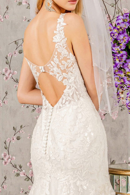 Embroidery Bead Button Back Mesh Mermaid Wedding Gown-3