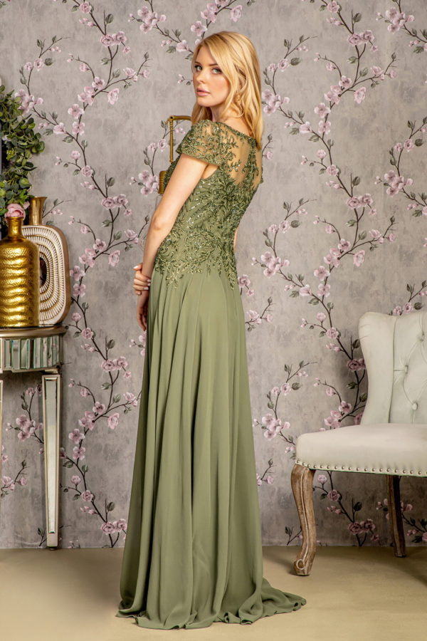 Embroidery Bead Sheer Bodice A-line Chiffon Long Dress-1