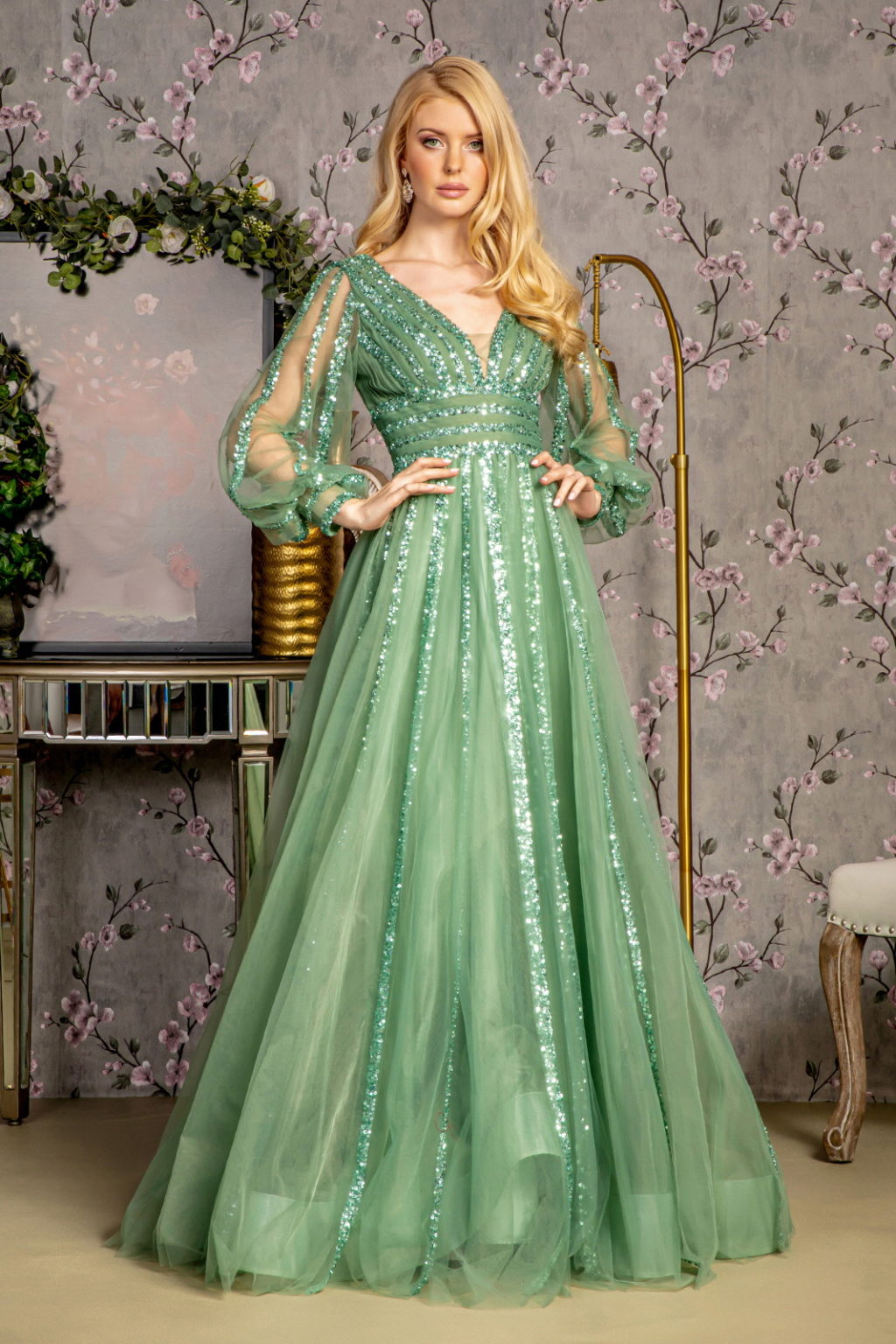 Bead Sequin Mesh A-line Long Dress w/ Sheer Puff Sleeves-0