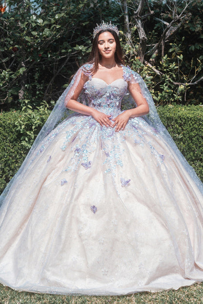 Floral Glitter Pattern 3-D Butterfly Applique Mesh Quinceanera Dress w/ Detachable Mesh Cape-3