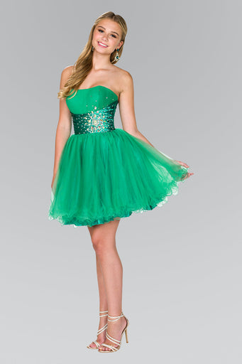 Strapless Sweetheart Tulle Short Dress with Pleated Bodice and Jewel Detailing-0