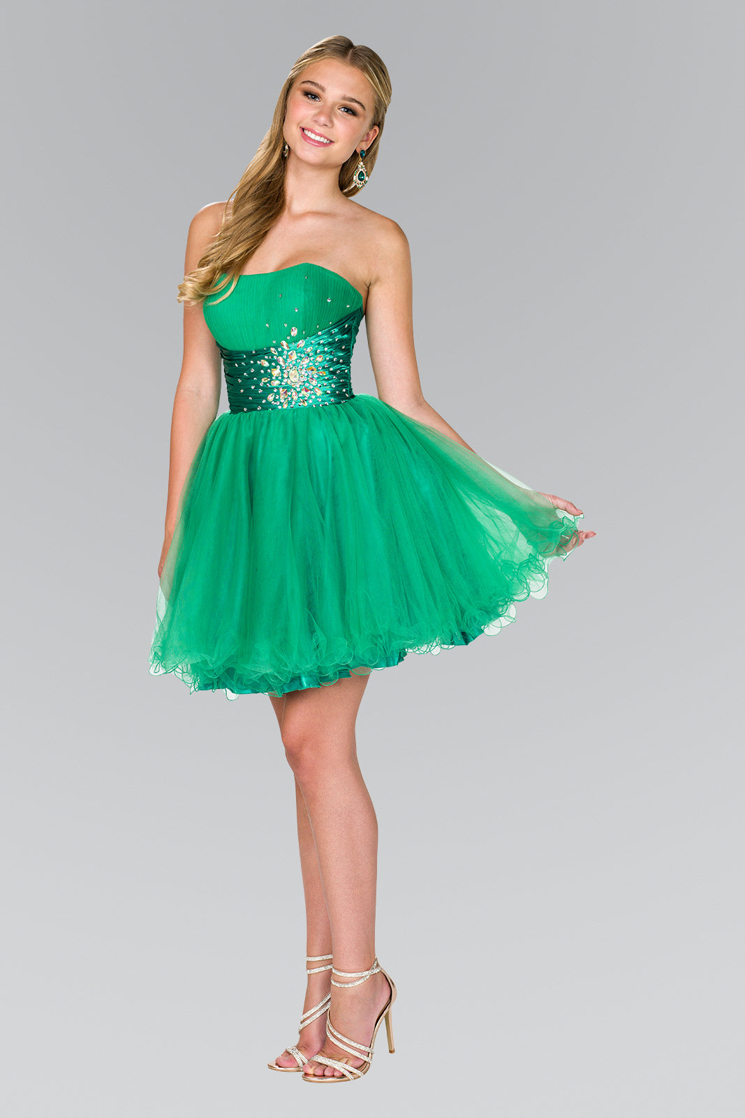 Strapless Sweetheart Tulle Short Dress with Pleated Bodice and Jewel Detailing-0