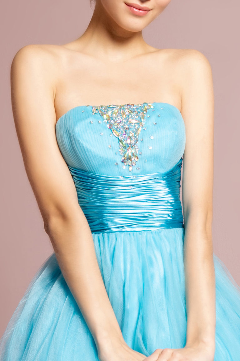 Strapless Sweetheart Tulle Short Dress Accented with Satin Belt and Jewel-1