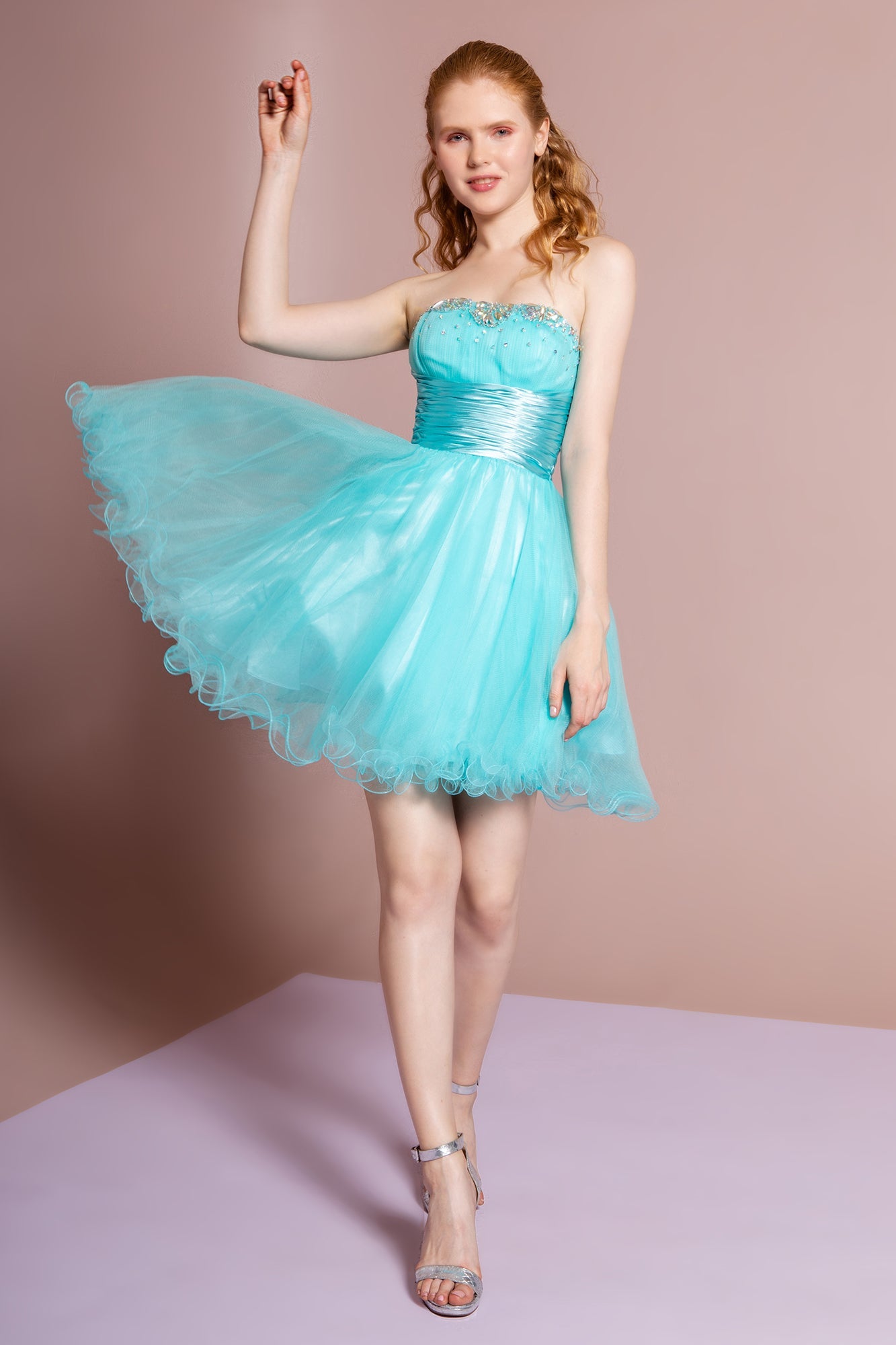 Sleeveless Sweetheart Beaded Tulle Short Dress with Pleated Satin Waistband-7