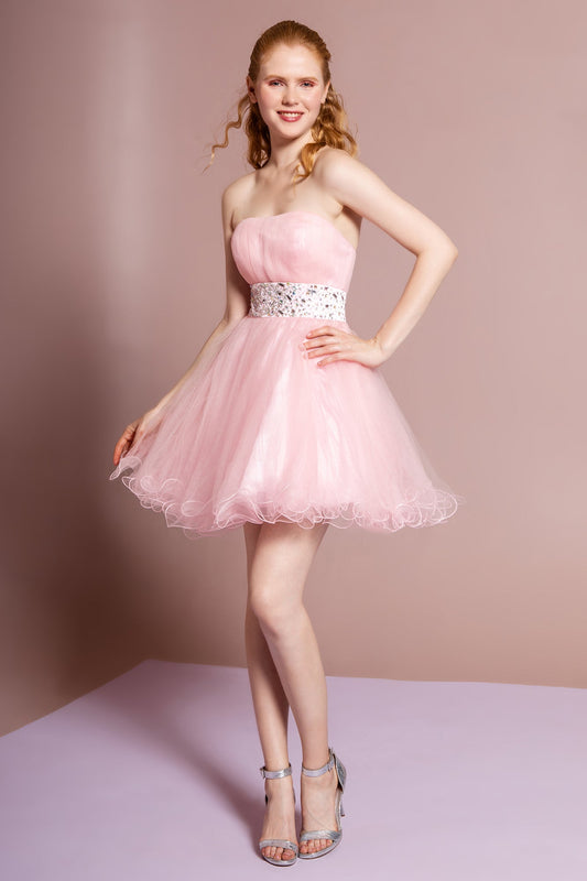 Strapless Sweetheart Tulle Short Dress Accented with Jewel Embellished Waistline-0