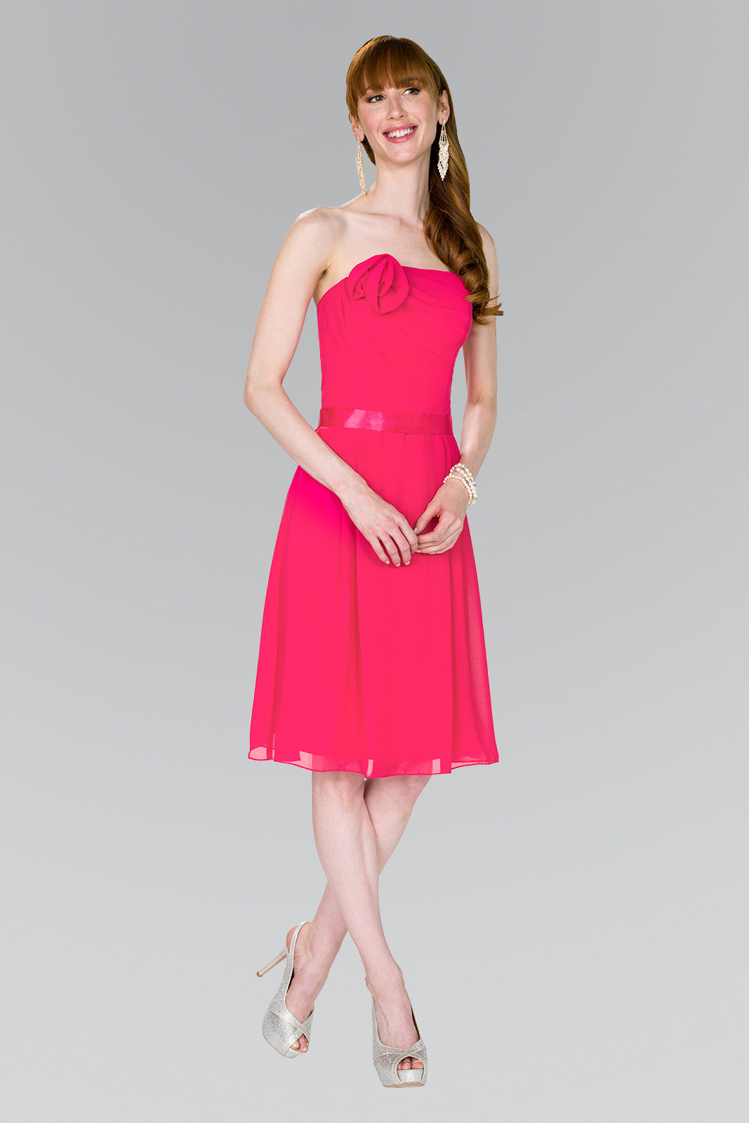 Strapless Chiffon Short Dress with Floral Accent and Satin Waistband-6