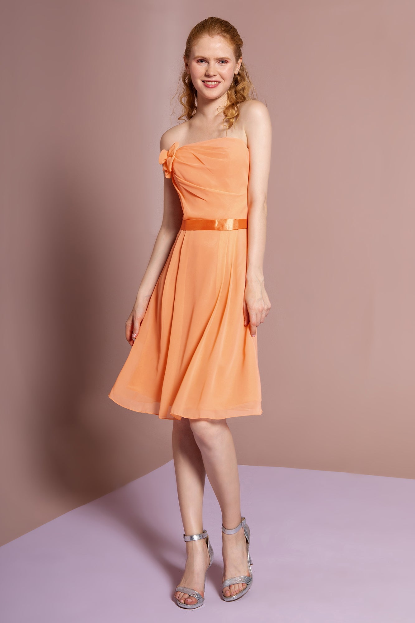 Strapless Chiffon Short Dress with Floral Accent and Satin Waistband-7