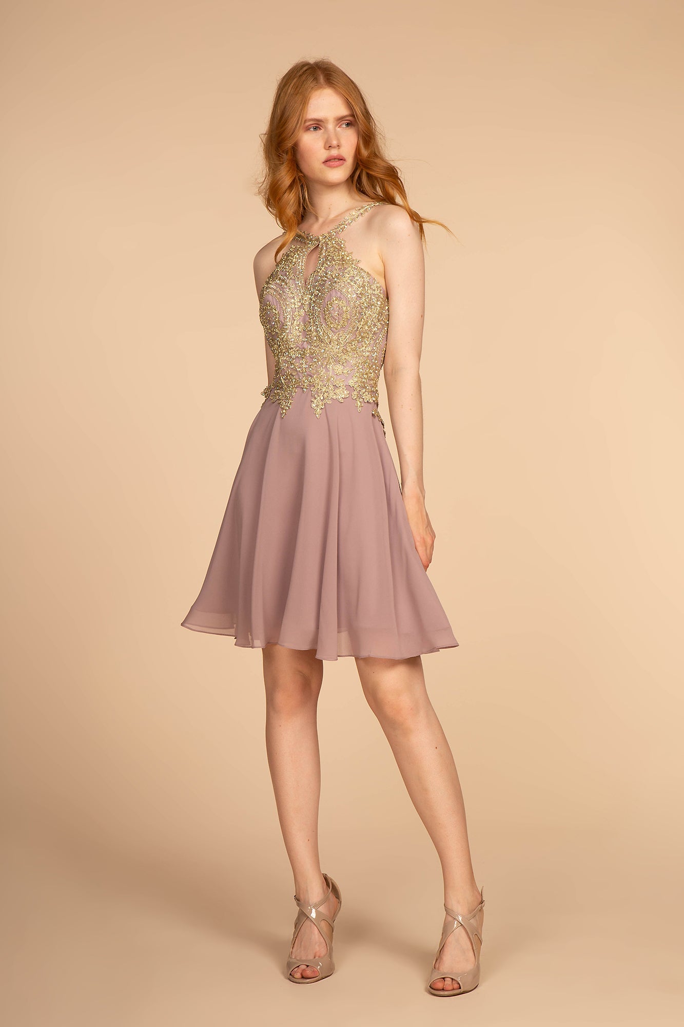 Embroidered Bodice Chiffon Short Dress-0