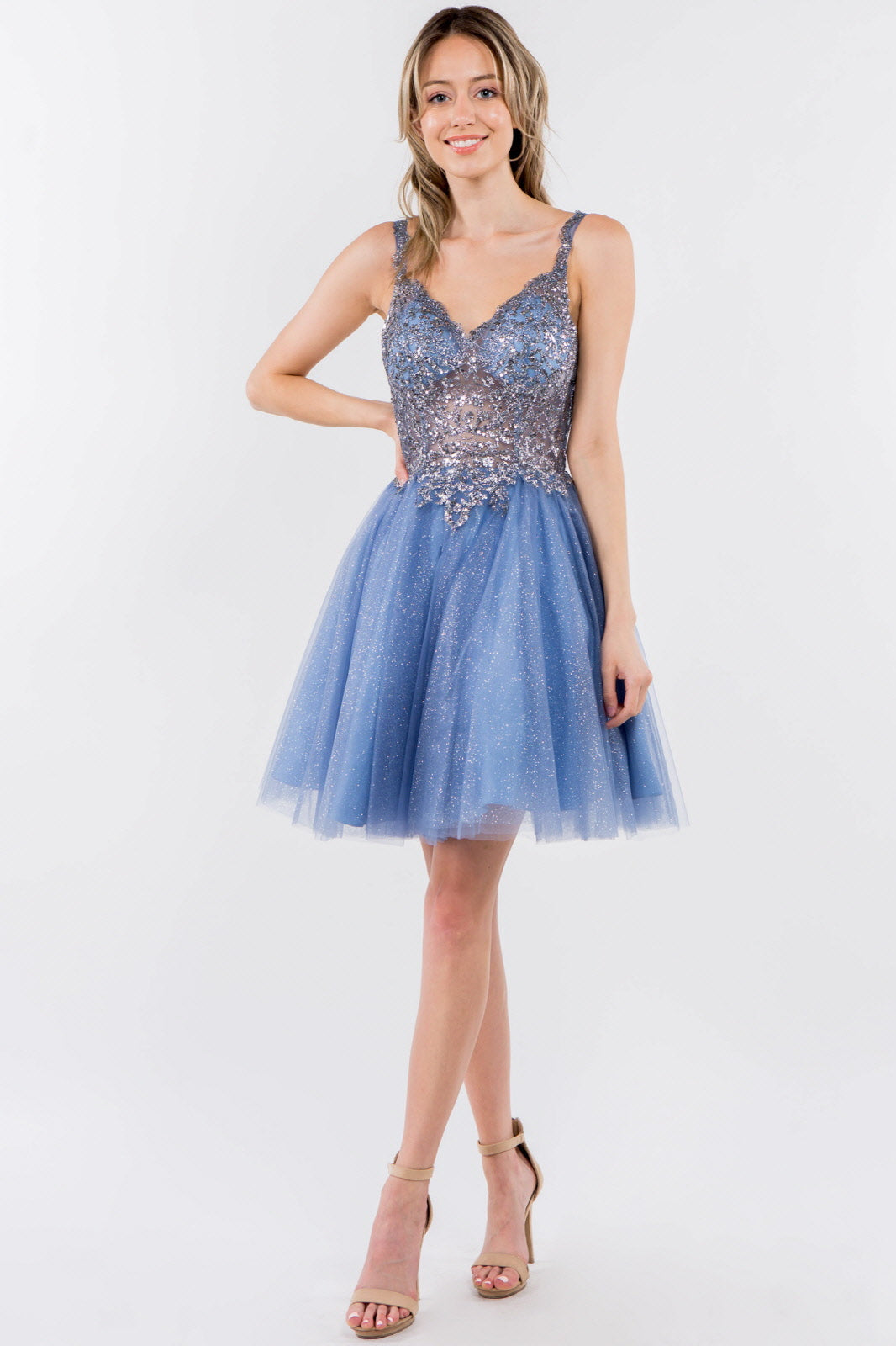 Sequin and Glitter Embellished Sheer Bodice V-Neck Short Dress-5