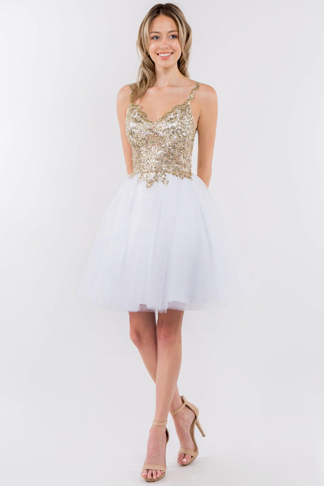 Sequin and Glitter Embellished Sheer Bodice V-Neck Short Dress-7