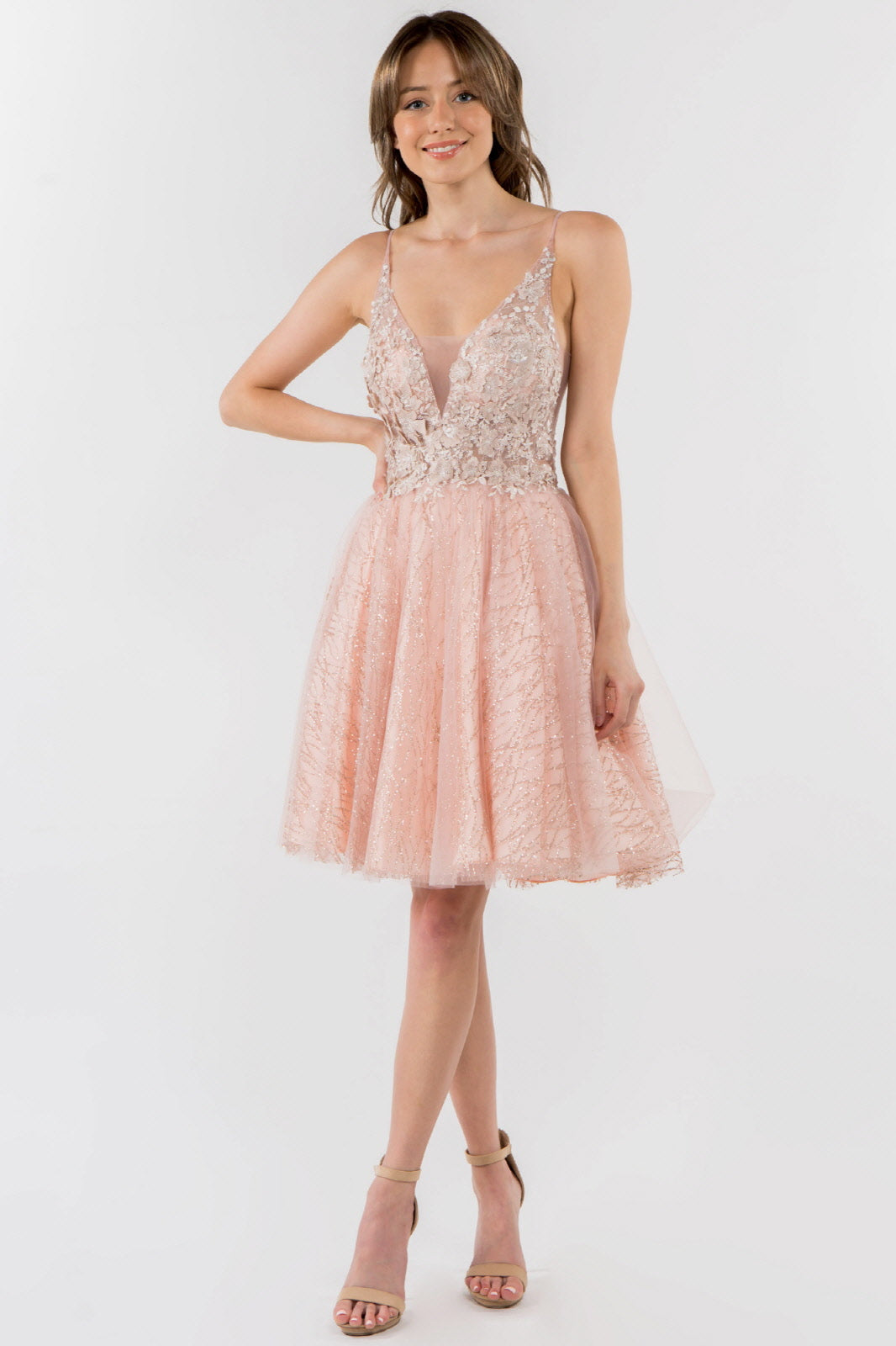 Sheer Bodice V-Neck Glitter Mesh Homecoming Dress-0