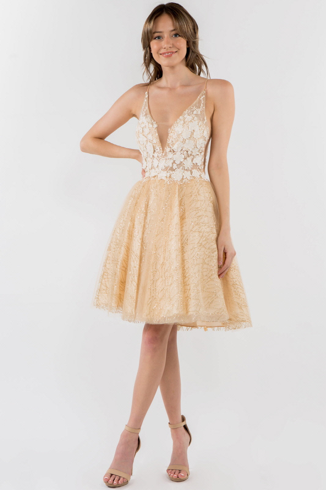 Sheer Bodice V-Neck Glitter Mesh Homecoming Dress-6