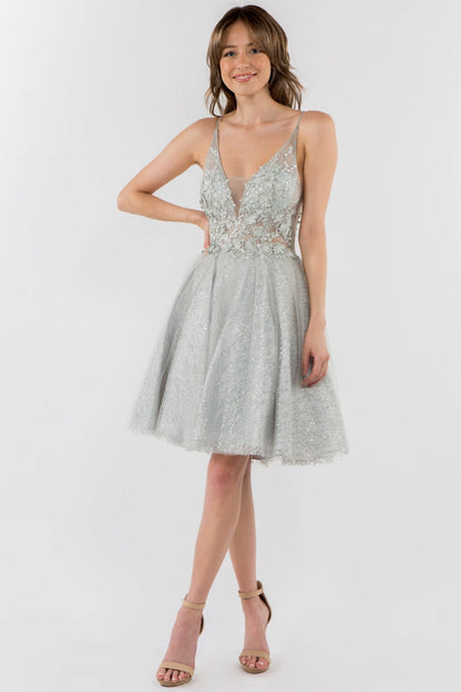 Sheer Bodice V-Neck Glitter Mesh Homecoming Dress-7