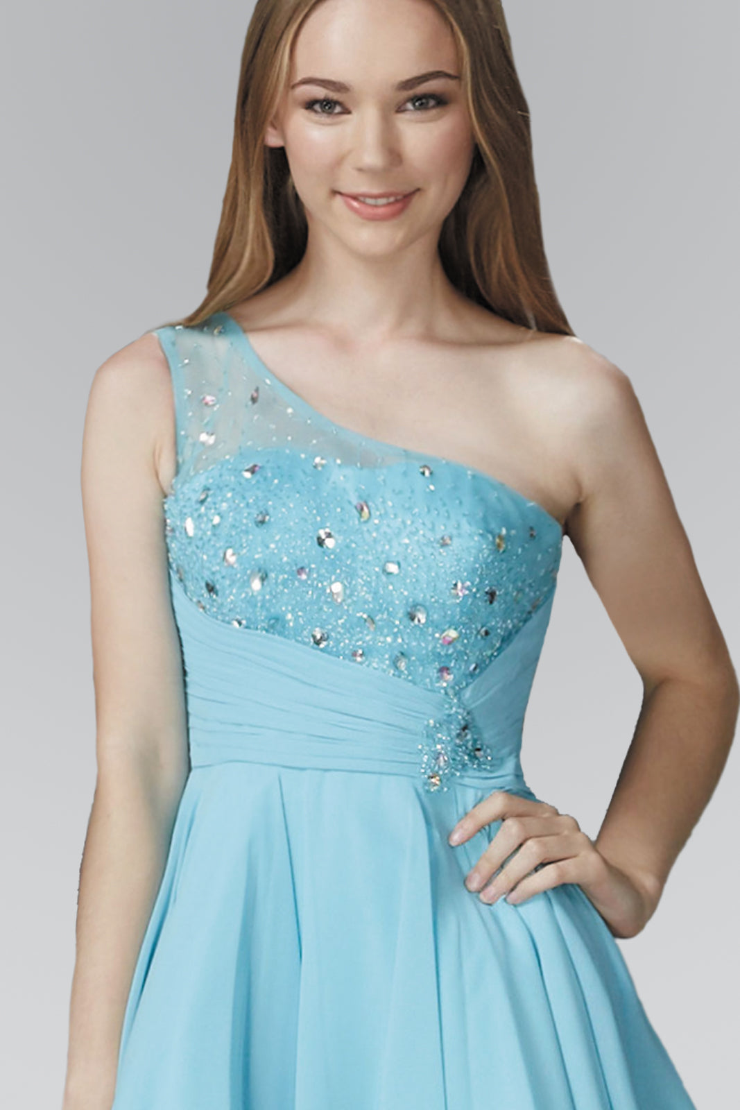 One Shoulder Chiffon Short Dress with Bead Detailing-1