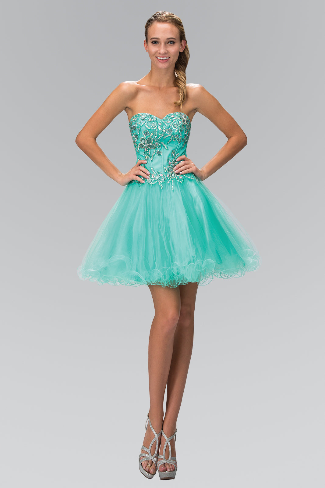 Strapless Sweetheart Tulle Short Dress with Jewel Embellished Bodice and Corset Back Detailing-0