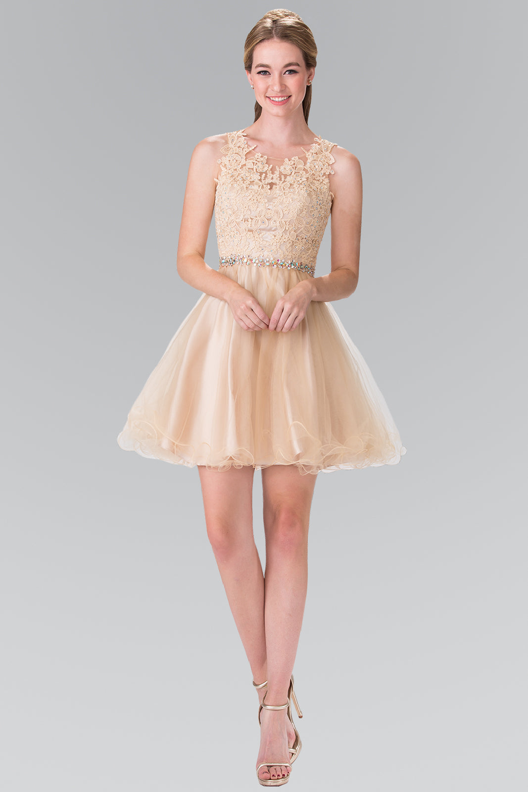 Lace Illusion Top A-line Short Dress with Beaded Waist-8