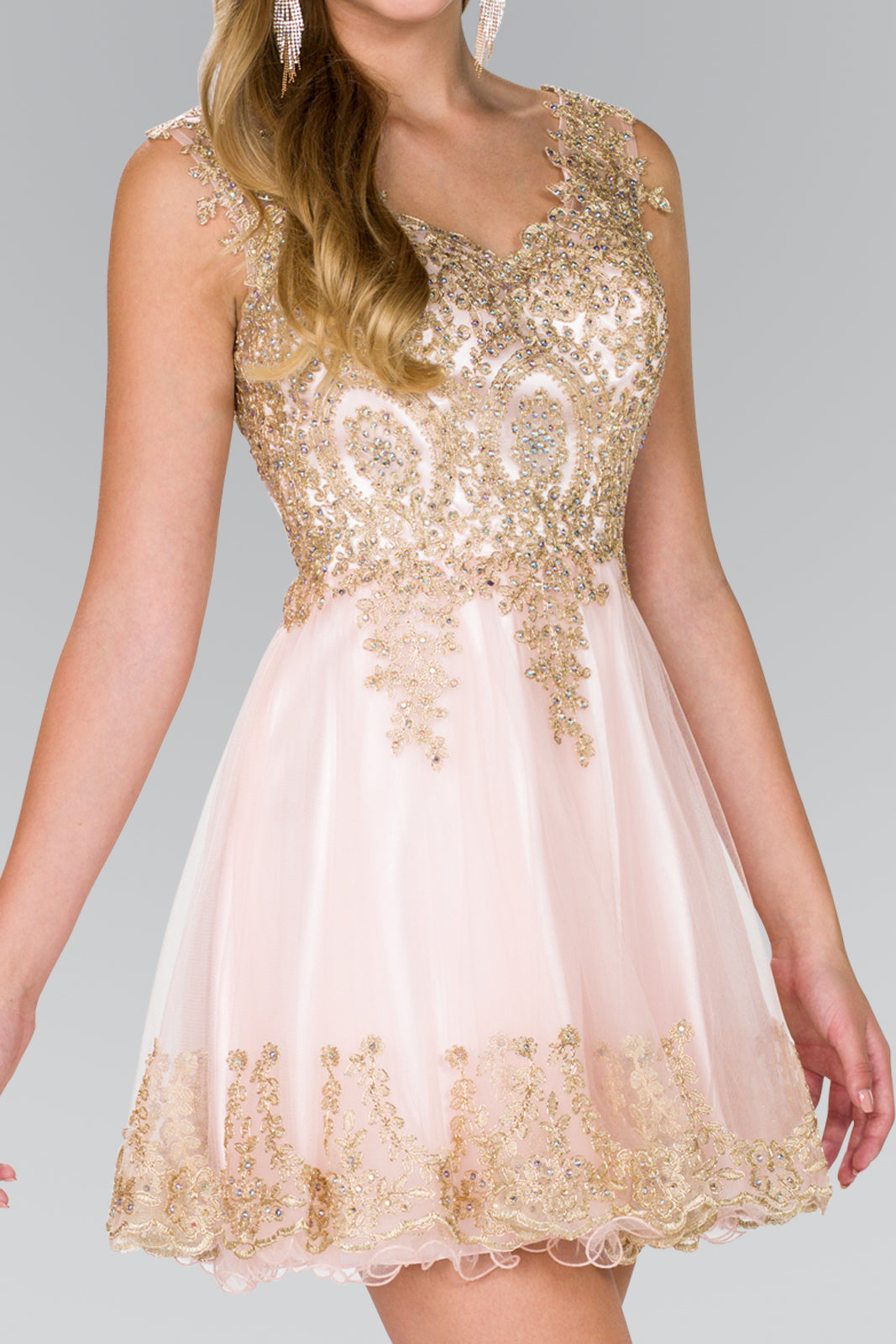 Tulle Short Dress Accented with Gold Lace-1