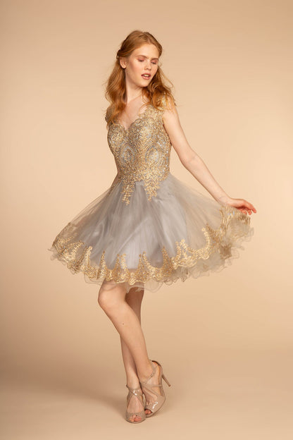 Tulle Short Dress Accented with Gold Lace-2