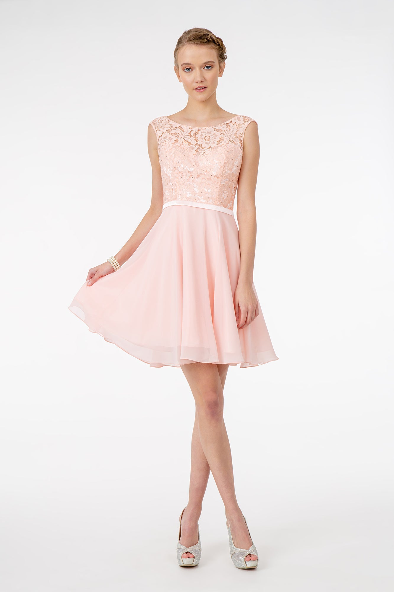 Lace Embellished Bodice Chiffon Short Dress-4